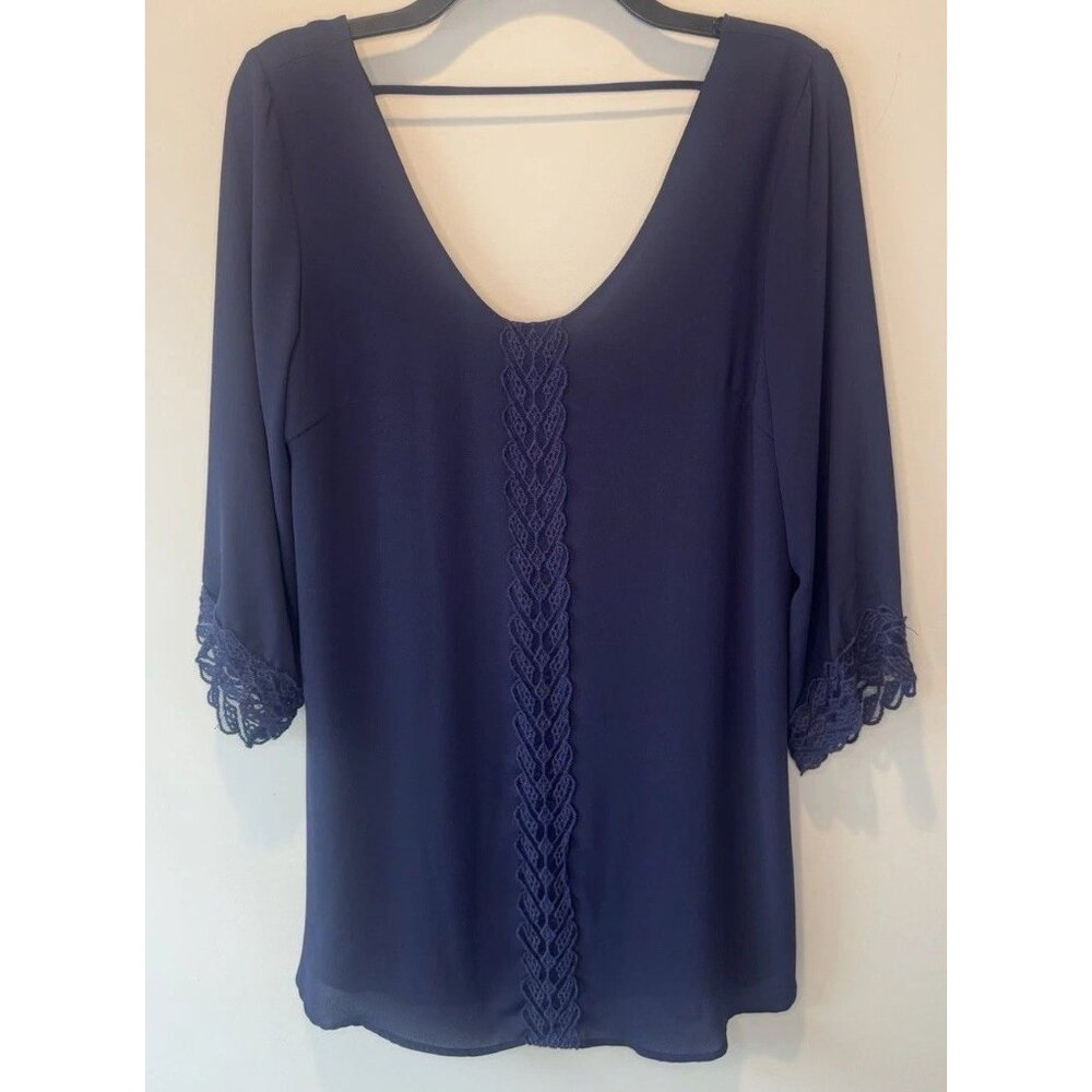 Astr Womens Navy Blue 3/4 Sleeve Embroidered Tunic Top Sheer Dark Coquette Fairy